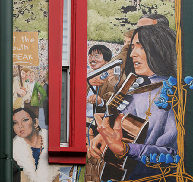 (L to R) Portion of Haight-Ashbury Mural in San Francisco by artist Bill Weber of Margarita 'Rita' Chan, Ben Fong-Torres, Joan Baez